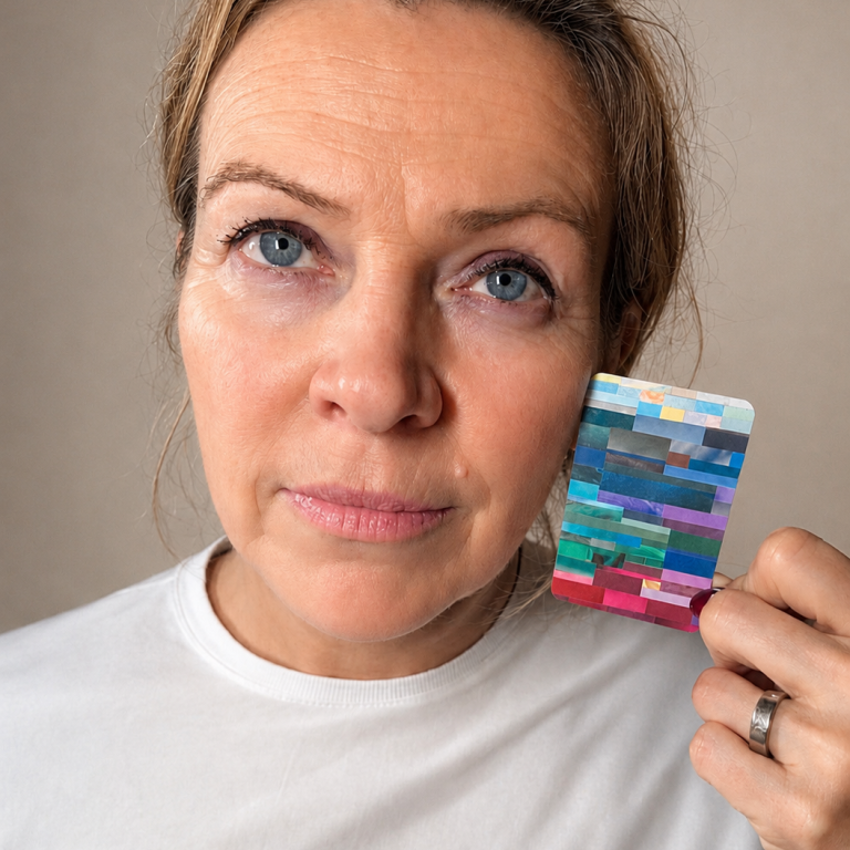 Klant met haar Personal Color Card na een kleurenanalyse bij Kleur je Mooi